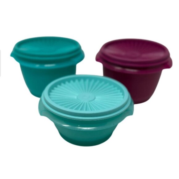 3 Tupperware Servalier Bowls Snack Round Containers Lids Teal Purple 20oz & 10oz - Picture 1 of 7